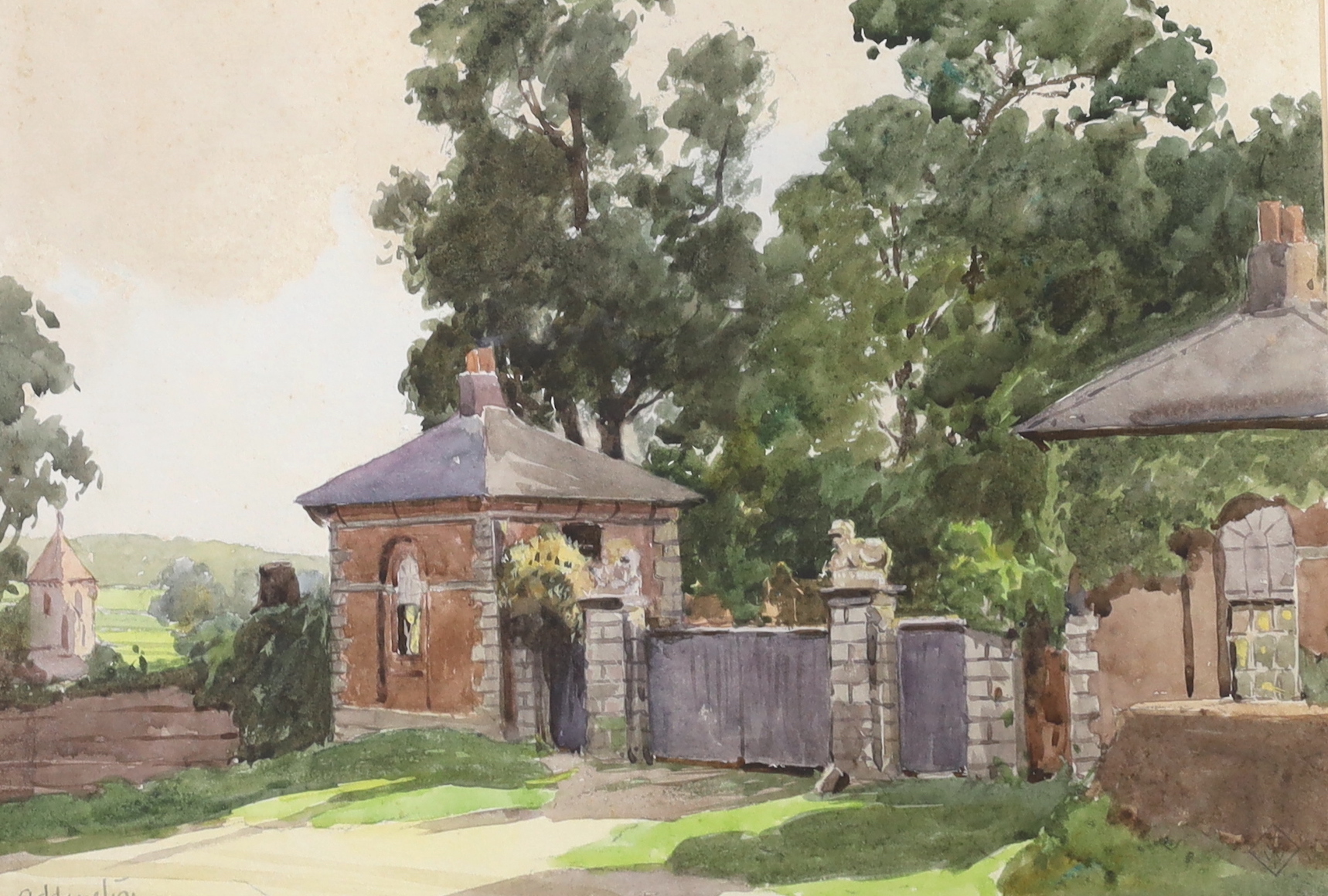 William Tatton Winter RBA (1855-1928), watercolour, 'Lodge gates at Addington, Surrey', signed with monogram, 24 x 34cm, Provenance details verso: Glenolva Tatton Winter, the artist's daughter-in-law, March 1981